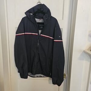 Tommy Hilfiger Men's Black Windbreaker with Red and White Stripes